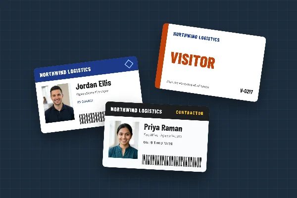 Printed employee ID badges with photos, a contractor badge and a visitor pass