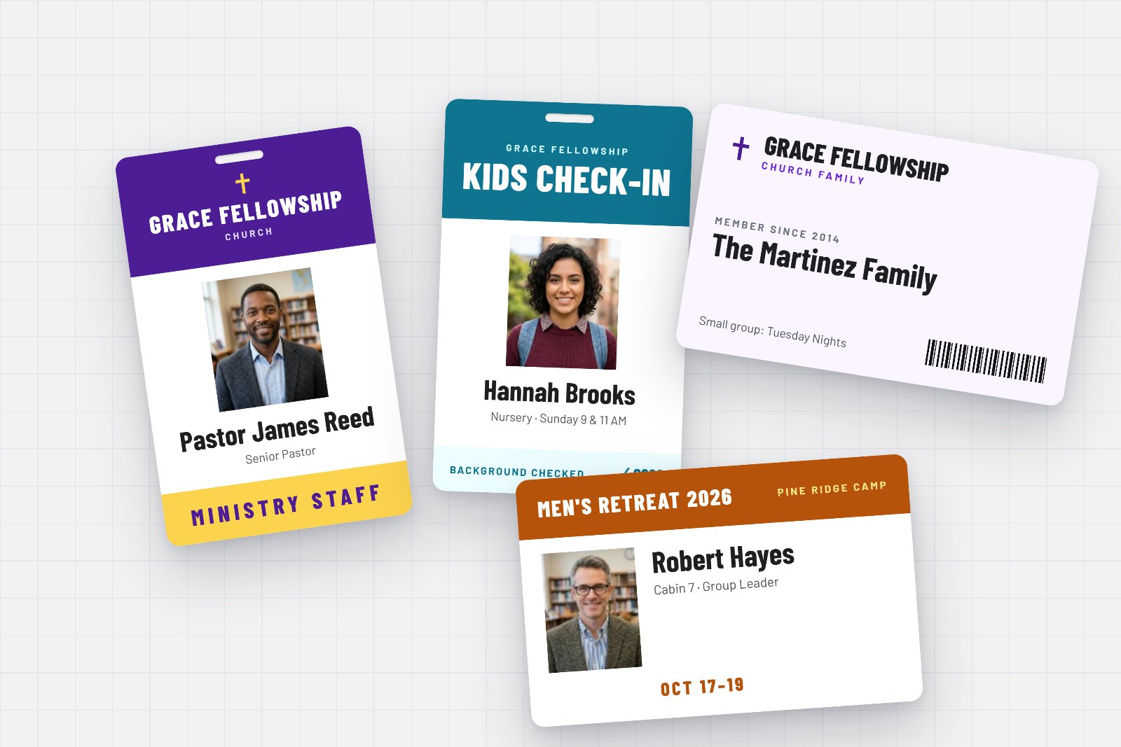 Printed church badges: a ministry staff badge for a senior pastor, a kids check-in volunteer badge, a church family member card and a church retreat badge