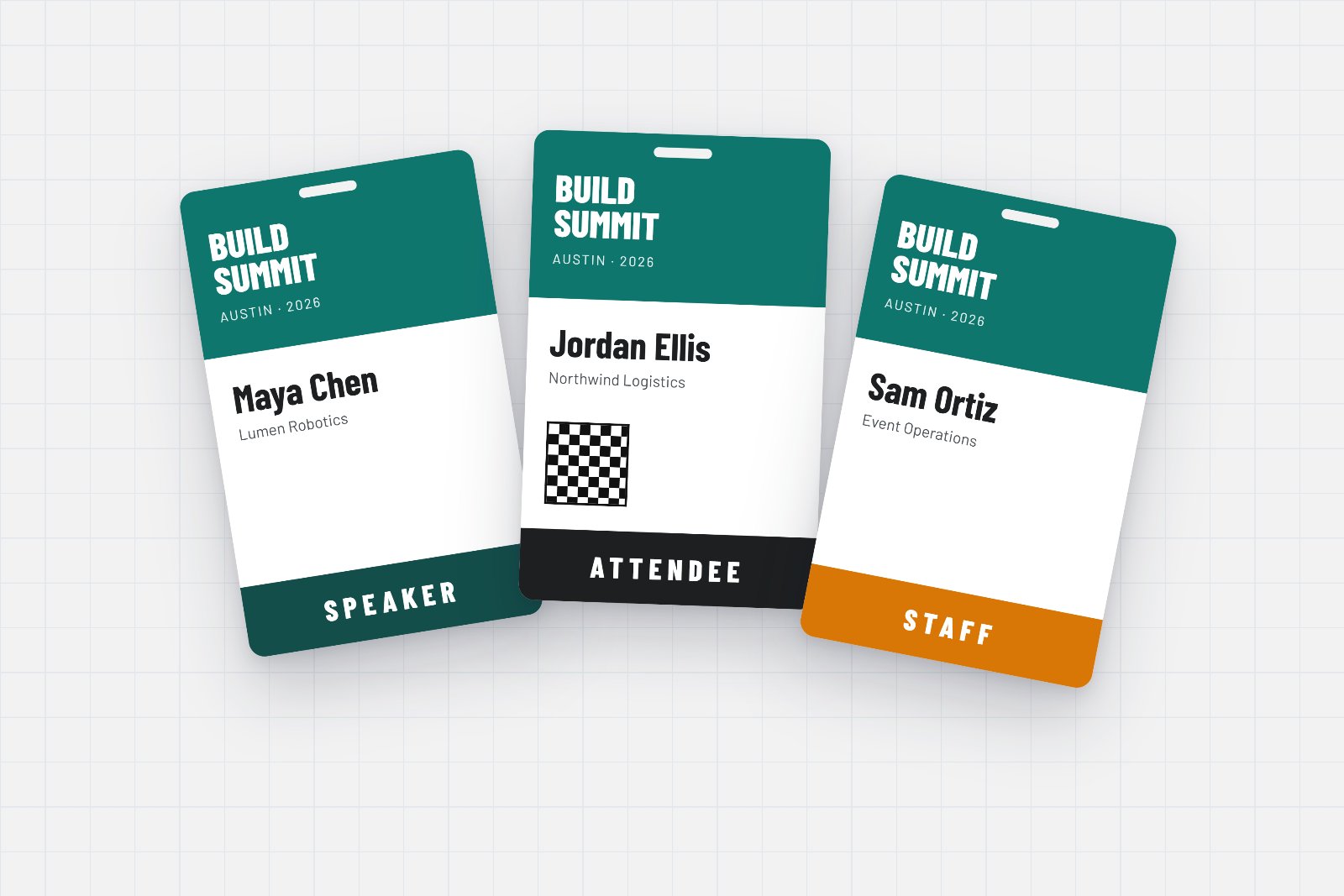 Three printed conference badges for an example event, Build Summit: speaker, attendee and staff passes