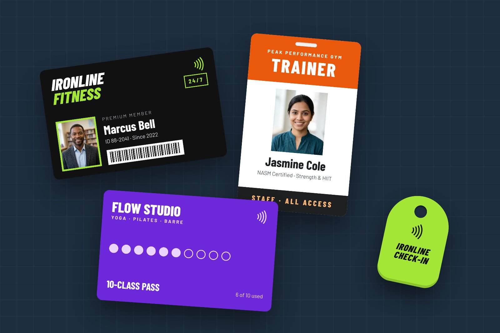 Printed gym cards: a member card with photo and barcode, a trainer staff badge, a 10-class studio pass and an NFC check-in key fob