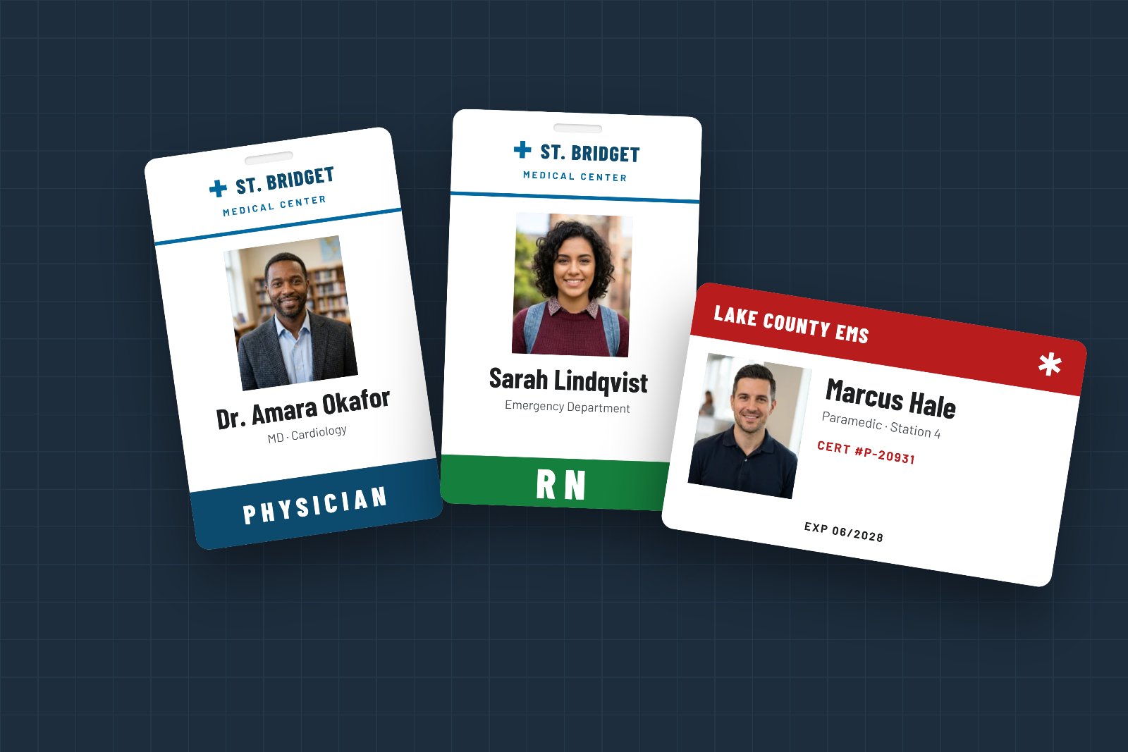 Printed healthcare ID badges: a physician badge, a nurse badge with an RN color band, and a paramedic ID card with a certification number