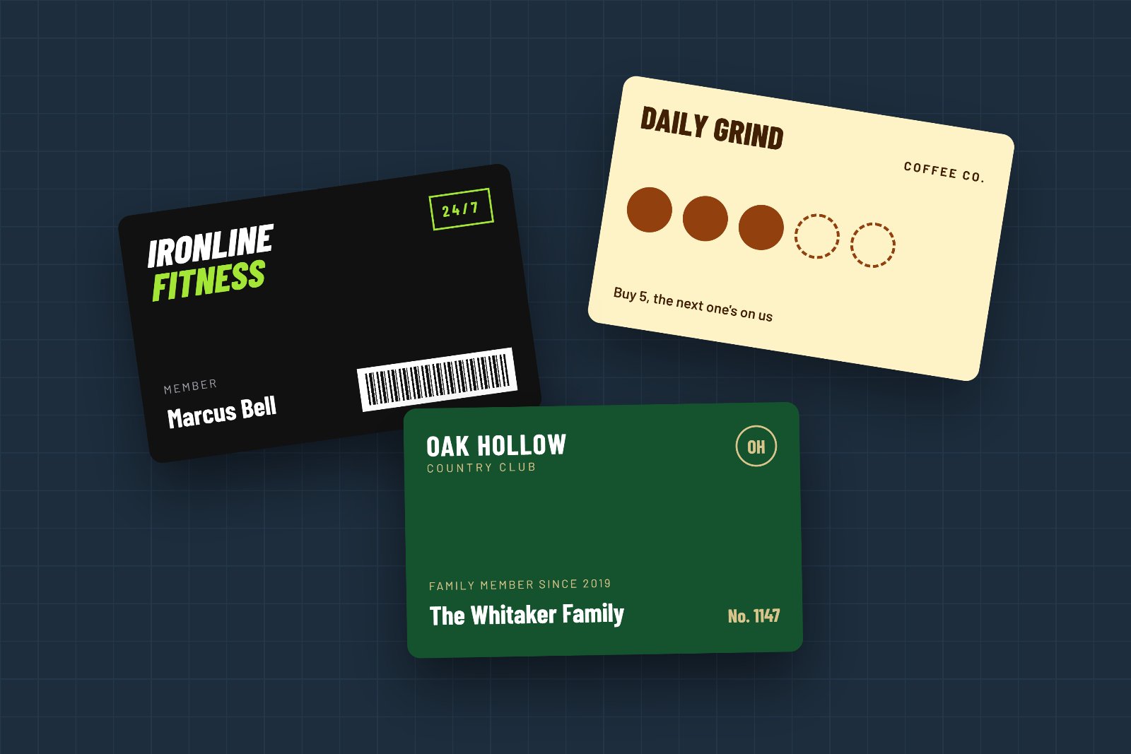 Printed membership cards: a gym member card with a barcode, a coffee shop rewards card and a country club family card