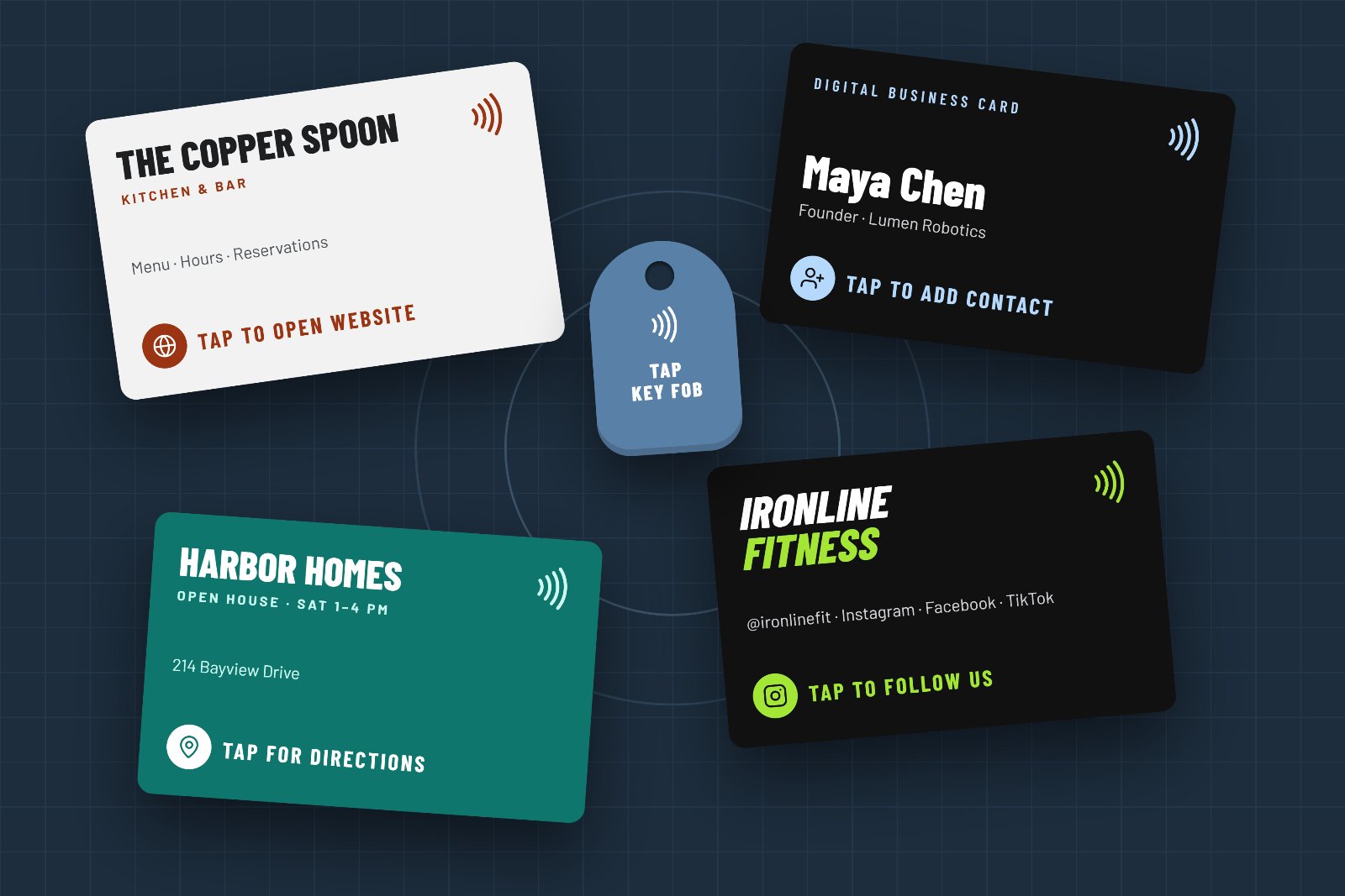 Example NFC cards and a key fob: a restaurant card that opens its website, a digital business card that adds a contact, a real estate card that opens directions and a gym card that opens its social pages