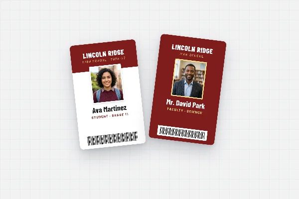 Printed student and faculty ID cards with photos and barcodes