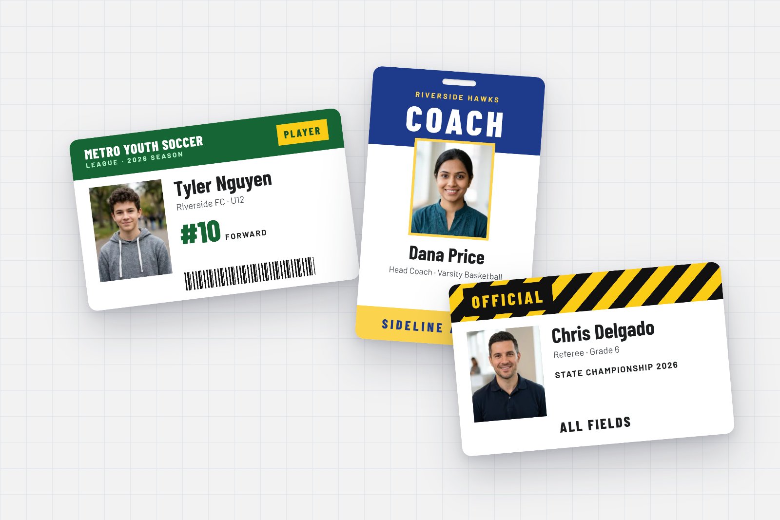 Printed sports ID cards: a youth soccer player card with jersey number and barcode, a head coach badge and a referee official card