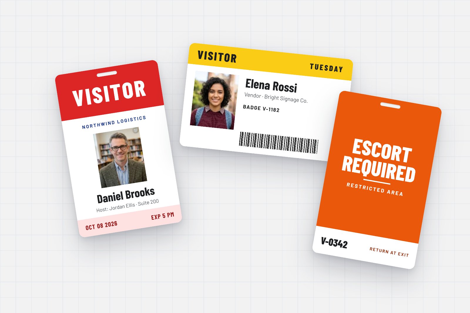 Printed visitor badges: a photo visitor pass with host and expiry time, a dated vendor badge with a barcode, and a numbered escort-required pass
