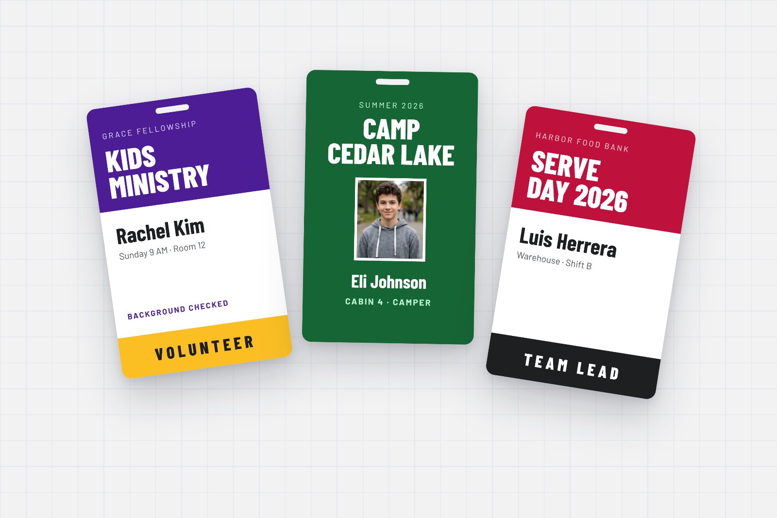 Printed volunteer badges for a kids ministry, a summer camp and a food bank service day