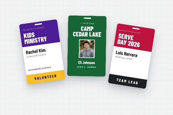 Printed volunteer badges for a ministry, a summer camp and a food bank